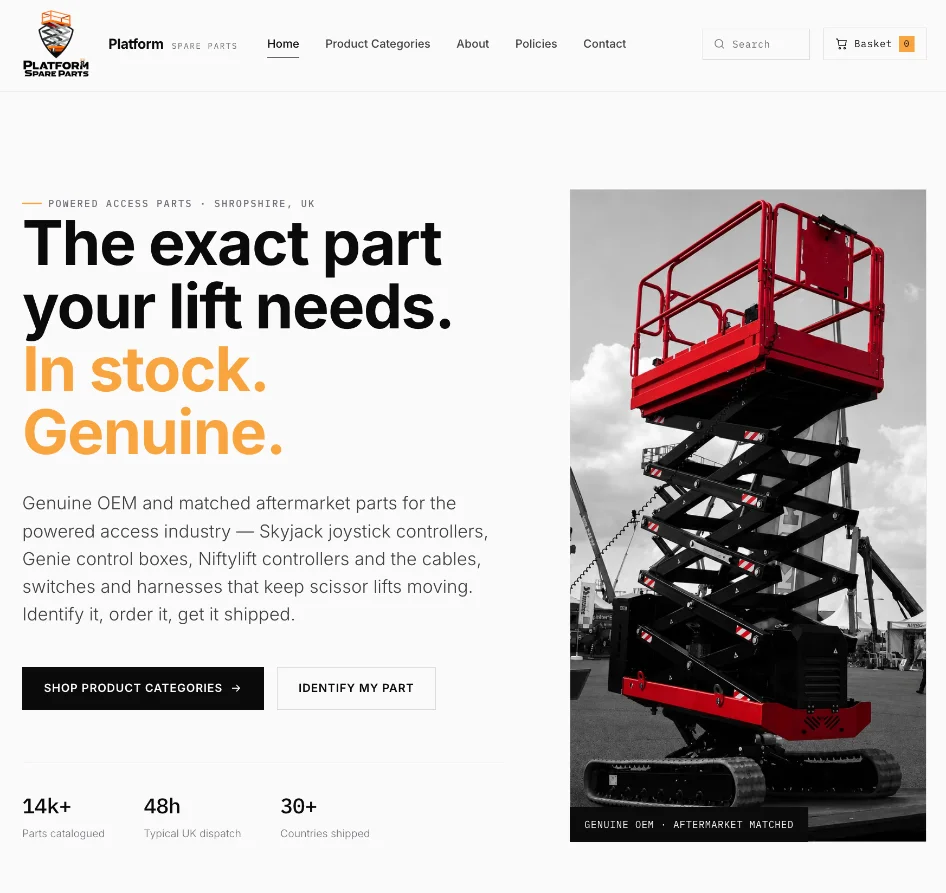 Platform Spare Parts online shop homepage